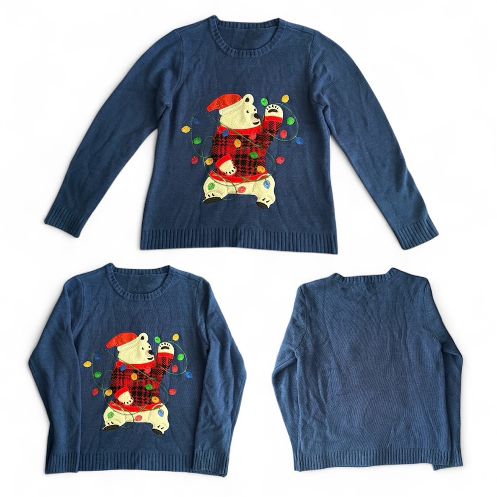 Blue Sweater with Bear and Lights Design